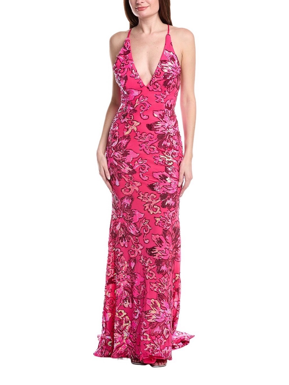 Jovani Pink Floral Sequin Halter Formal Gown